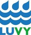 Logotyp med blå vattendroppar och vågor mot vit bakgrund uppe och bokstäverna L U V Y nere.