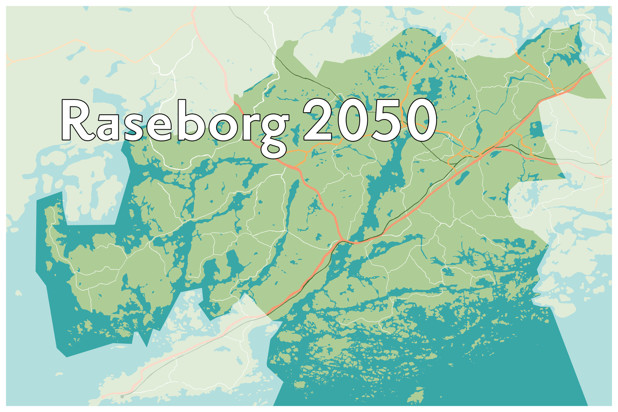 Gröän blå karta över Raseborg med texten Raseborg 2050