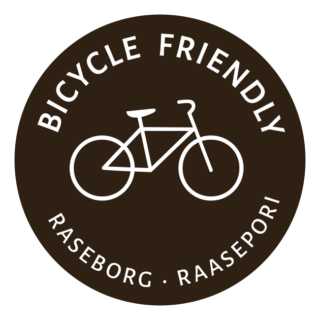 Tarra, jossa teksti Bicycle friendly Raseborg ja kuva pyörästä.